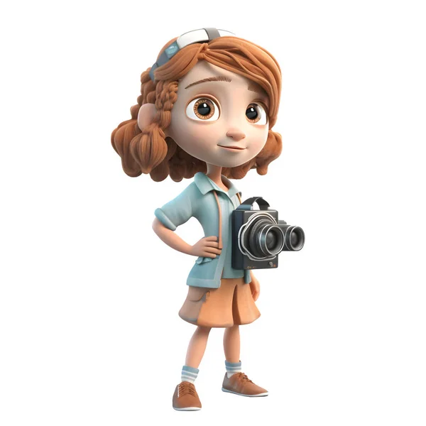 Her Lens Cute Girl Photographer Action White Background — Stock Photo, Image