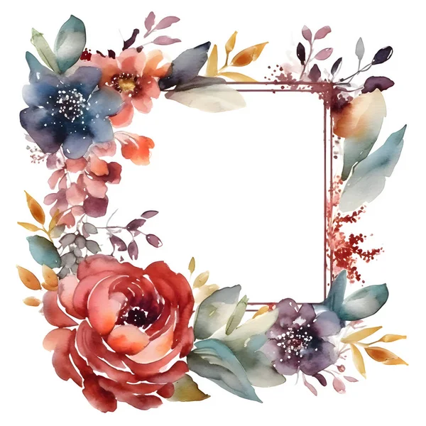 Finom Virágkoszorú Rózsákkal Dahlias Eukaliptusz Levelek Kézzel Festett Akvarell Design — Stock Fotó