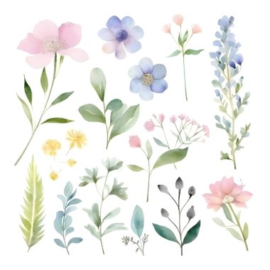 Watercolor floral set. Hand drawn flowers and leaves isolated on white background.