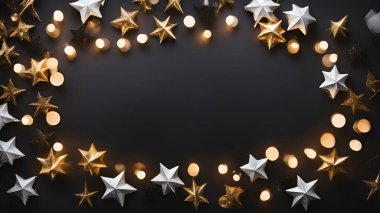 Christmas and New Year black background with golden stars and garland. clipart