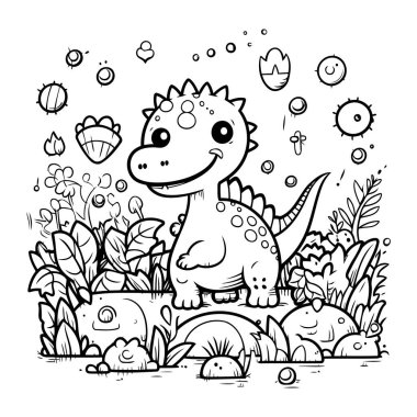 Bahçedeki dinozor. Çocuklar için boyama kitabı. Vektör illüstrasyonu.