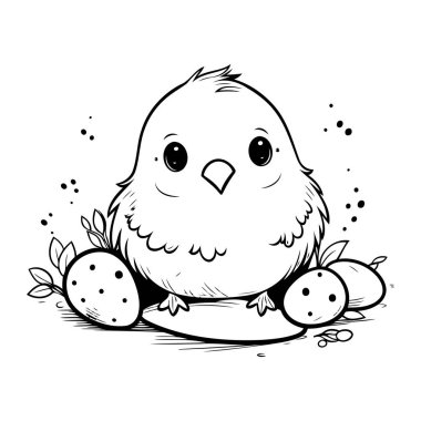 Bir dalda yumurtalarla oturan tatlı bir civcivin siyah beyaz çizimi.