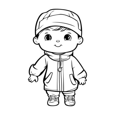 Şapka ve palto giymiş şirin bir çocuk. Vektör illüstrasyonu.