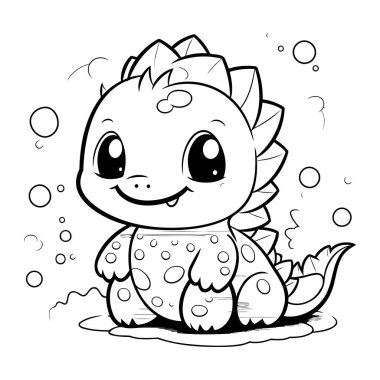 Suda oturan sevimli bir karikatür dinozorunun siyah-beyaz çizimi.