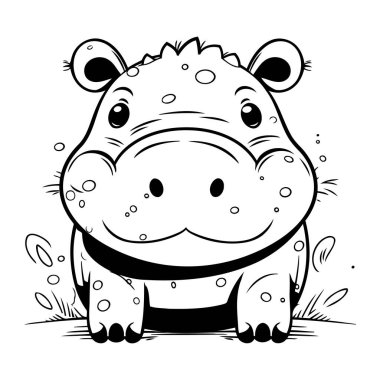 Hippopotamus Siyah ve Beyaz Çizgi Film İllüstrasyonu. Vektör