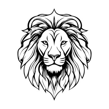 Dövme veya t-shirt tasarımı için beyaz arkaplanda izole edilmiş aslan başı vektör çizimi.