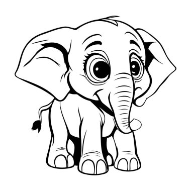 Renklendirme Kitabı için Fil Siyah ve Beyaz Çizgi Film Çizimi
