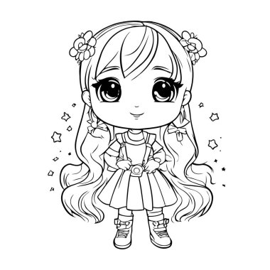 Çiçekli şirin küçük kız. Boyama kitabı için Vektör illüstrasyonu.