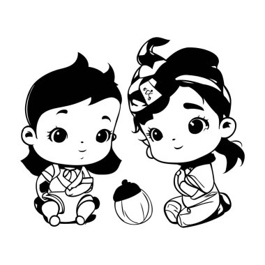 Palamut karikatür vektör çizimi grafiksel tasarımı olan tatlı küçük bir oğlan ve kız.