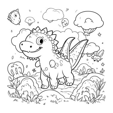 Şirin Dinozor Vektör İllüstrasyonunun Renkli Sayfa Özeti.