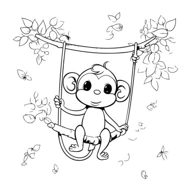 Şirin bebek maymun salıncakta. Boyama kitabı için Vektör illüstrasyonu.
