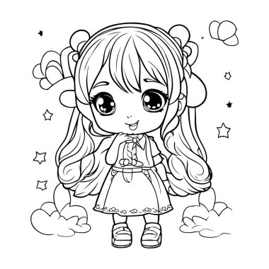 Sevimli küçük kız boyama sayfası. Çocuk boyama kitabı için vektör illüstrasyonu.