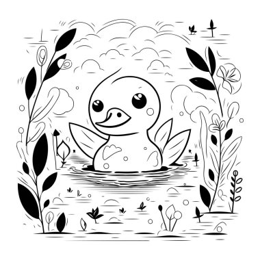 Ördek gölette yüzüyor. Siyah ve beyaz vektör çizimi.