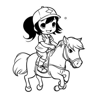 Siyah ve Beyaz Çizgi Film Çizgi Filmi Küçük Kız At Boyama Kitabı Sürüyor