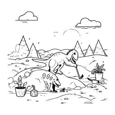 Parktaki dinozor. Çizgi film tarzında elle çizilmiş vektör çizimi.