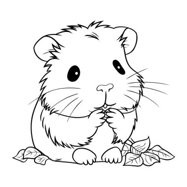 Hamster siyah ve beyaz vektör çizimi. Yaprakları olan şirin hamster..