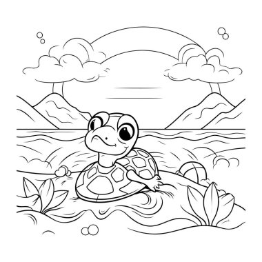 Plaj Vektörü İllüstrasyonundaki Karikatür Kaplumbağasının Renkli Sayfa Özeti