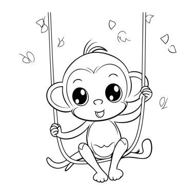 Salıncakta sallanan sevimli çizgi film maymunu. Boyama kitabı için Vektör illüstrasyonu.