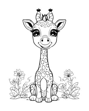 Yetişkinler için boyama sayfaları. Çiçekli şirin çizgi film zürafası. Vektör illüstrasyonu.