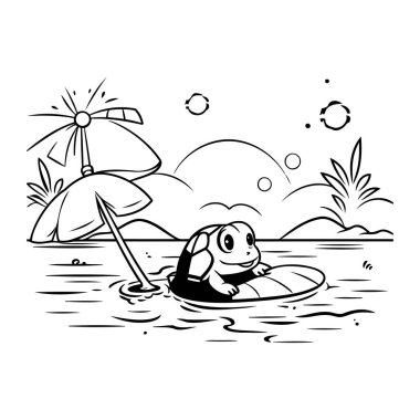 Sahilde şişme yüzük takmış bir kurbağa tasviri.