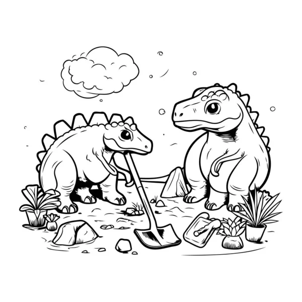 Dinosaur Shovel Black White Vector Illustration Coloring Book — Stock Vector