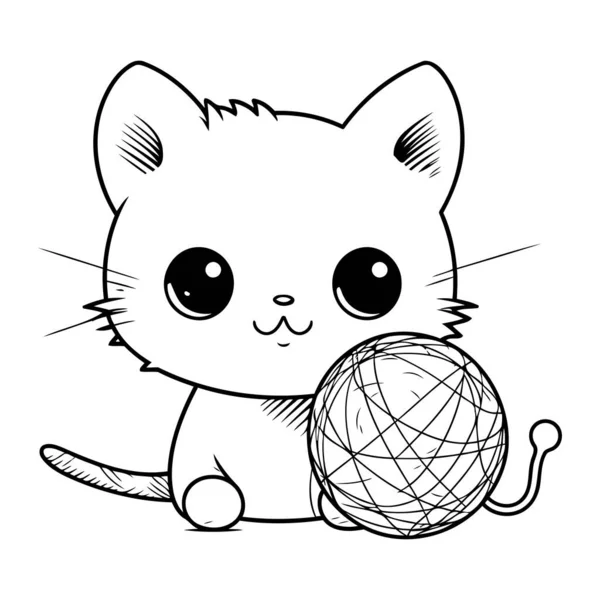 Ładny Kot Kłębkiem Przędzy Ilustracja Wektor Czerni Bieli — Wektor stockowy