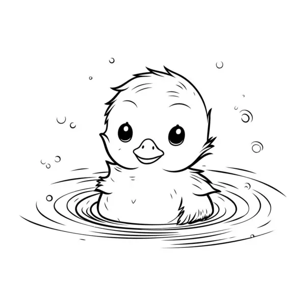 可爱的小鸭在水里游泳 黑白矢量图解 — 图库矢量图片
