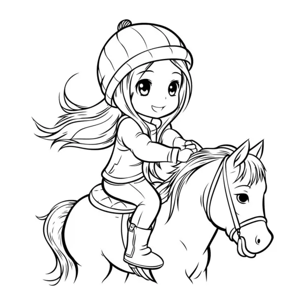Cute Little Girl Riding Horse Vector Illustration Coloring Book — Stock Vector