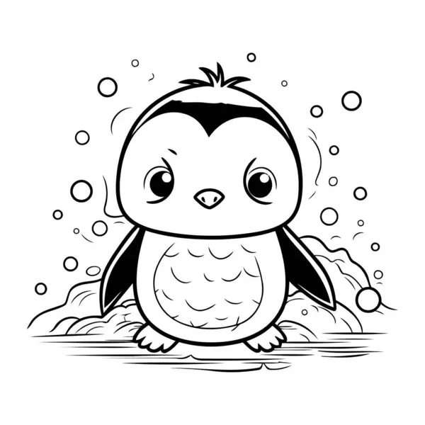 Cute Penguin Water Black White Vector Illustration — Stock Vector