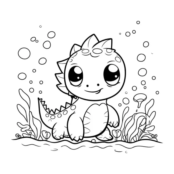 Şirin Dinozor Vektör İllüstrasyonunun Renkli Sayfa Özeti.