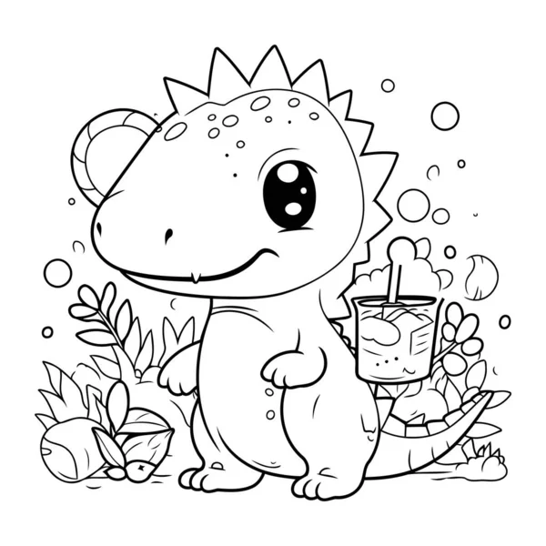 Dinosauro Carino Con Bicchiere Succo Frutta Illustrazione Vettoriale Libro Colorare — Vettoriale Stock
