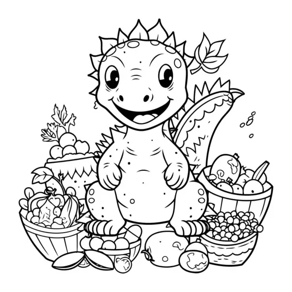 Malbuch Für Kinder Dinosaurier Mit Einem Korb Voller Obst Und Vektorgrafiken
