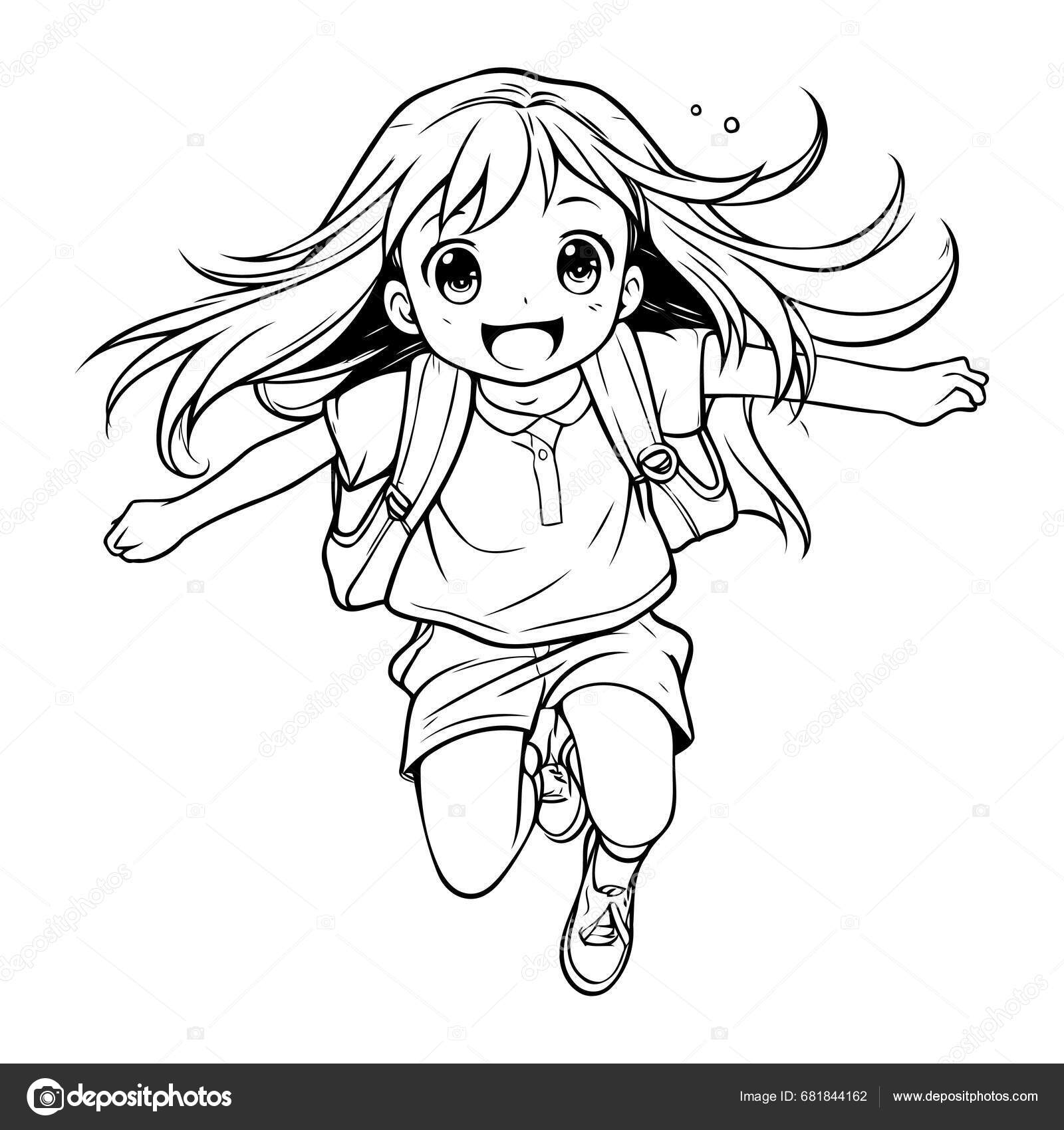 Outline Illustration Cute Little Girl Jumping Air Stock Vector by ...