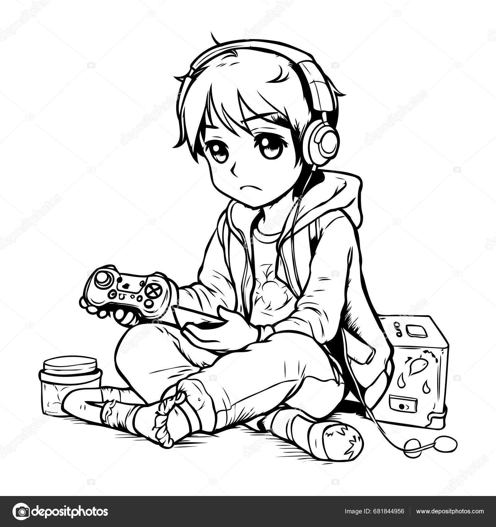 Chico Jugando Videojuegos Ilustración Vectorial Blanco Negro Para Colorear  Libro Vector de stock #681844956 de ©ibrandify, image size:1600x1700