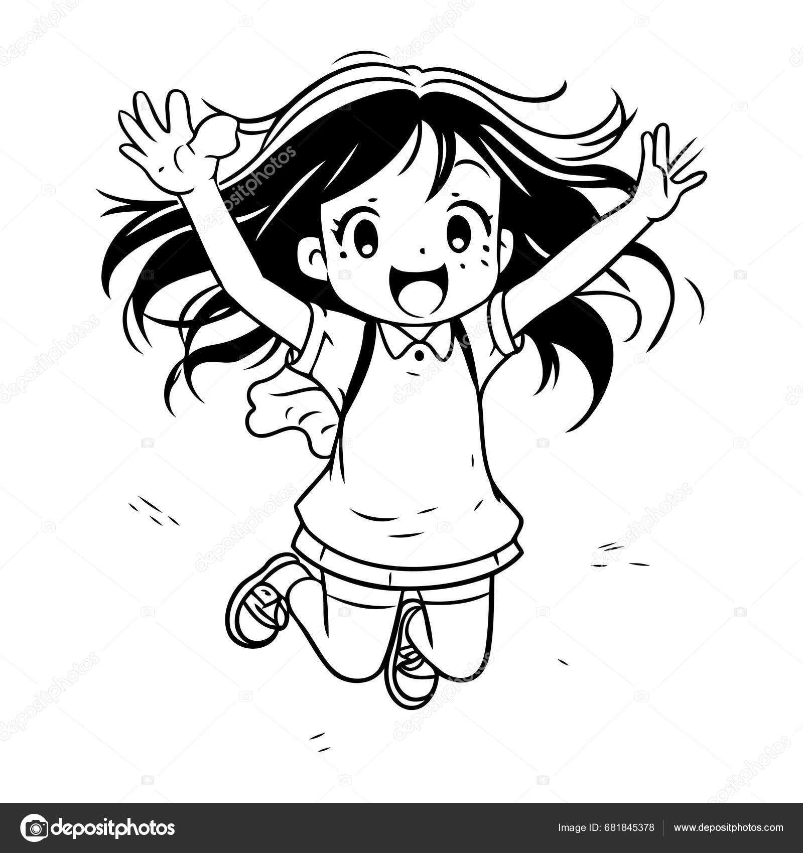 Happy Little Girl Jumping Vector Illustration Black White Colors Stock ...