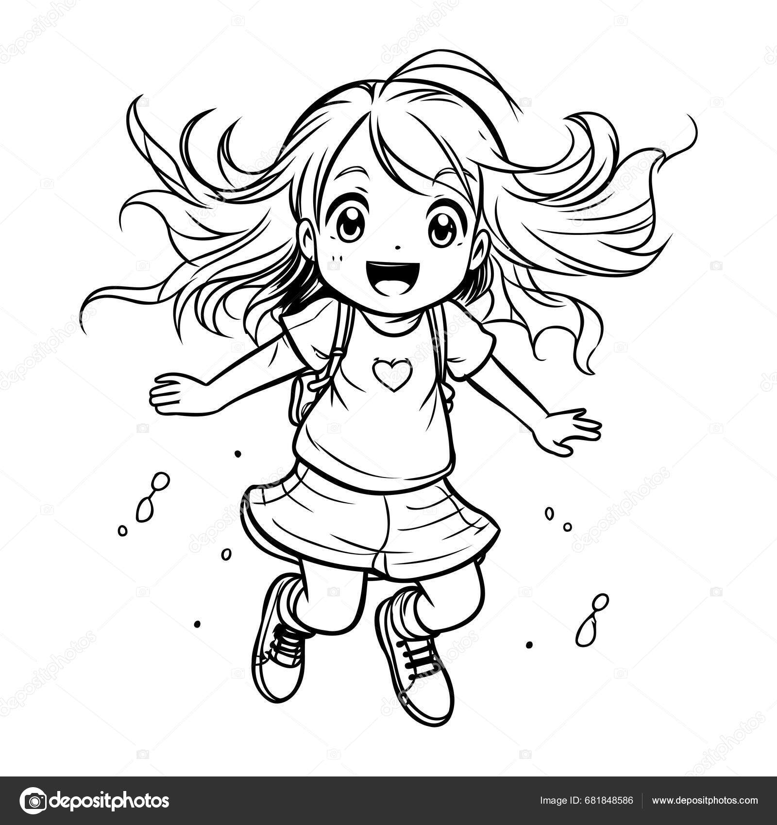 Coloring Book Children Little Girl Running Jumping Vector Illustration ...