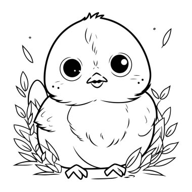 Sevimli bir piliçle boyama sayfası. Siyah ve beyaz vektör çizimi.