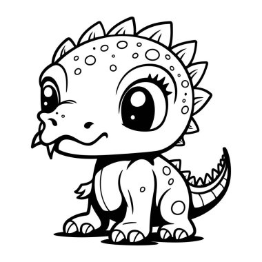 Şirin Çizgi Film Dinazoru Siyah ve Beyaz Çizgi Film İllüstrasyonu. Vektör