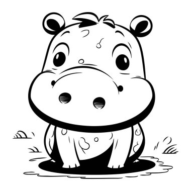 Hippopotamus Siyah ve Beyaz Çizgi Film İllüstrasyonu. Vektör