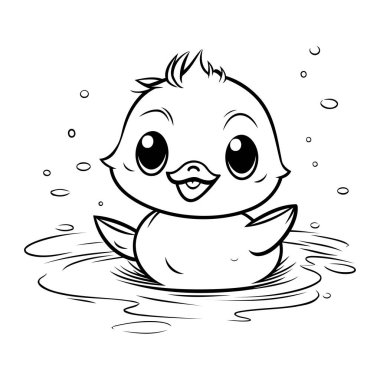 Suda yüzen şirin küçük ördek yavrusu. Siyah ve beyaz vektör çizimi.