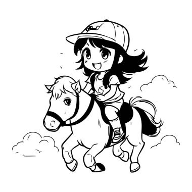 Küçük şirin bir kız midilliye biniyor. Siyah ve beyaz vektör çizimi.