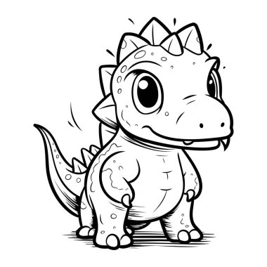 Şirin Karikatür Dinozor Siyah ve Beyaz Vektör İllüzyonu. Beyaz Arkaplanda İzole Edilmiş