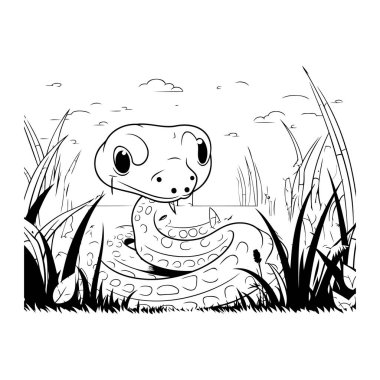 Çimlerde şirin bir yılan. Boyama kitabı için Vektör illüstrasyonu.