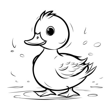 Ördek Yavrusu Siyah-Beyaz Çizgi Film Çizimi. Vektör Sanatı