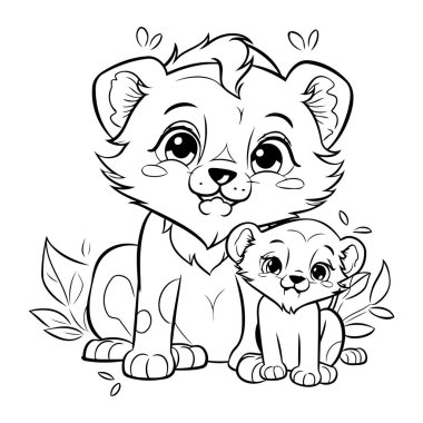 Çocuklar için boyama kitabı. Tatlı dişi aslan ve yavrusu.