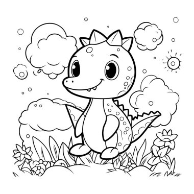 Şirin Dinozor Vektör İllüstrasyonunun Renkli Sayfa Özeti.