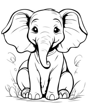 Şirin Fil Fili Siyah ve Beyaz Çizgi Film İllüstrasyonu. Vektör