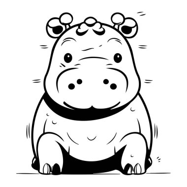 Hippopotamus Siyah ve Beyaz Çizgi Film İllüstrasyonu. Vektör