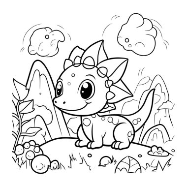 Şirin Dinozor Vektör İllüstrasyonunun Renkli Sayfa Özeti.