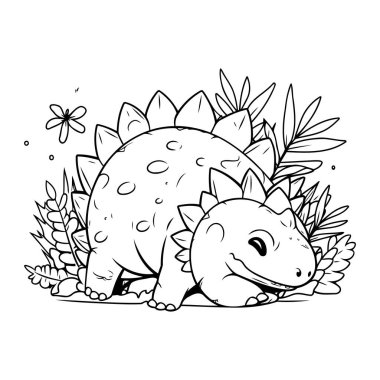 Çiçekleri ve yaprakları olan sevimli dinozor vektör çizim vektör çizim çizimi çizimi tasarımı